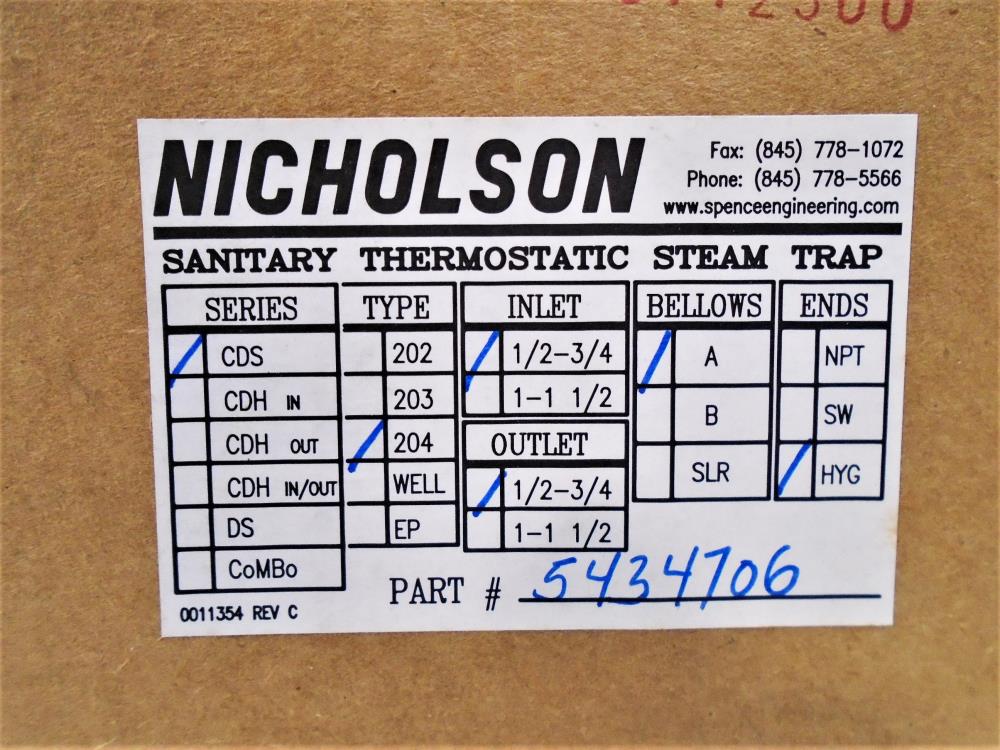 Nicholson 1/2"- 3/4" Sanitary Thermostatic Steam Trap, Type 204, Part 5434706